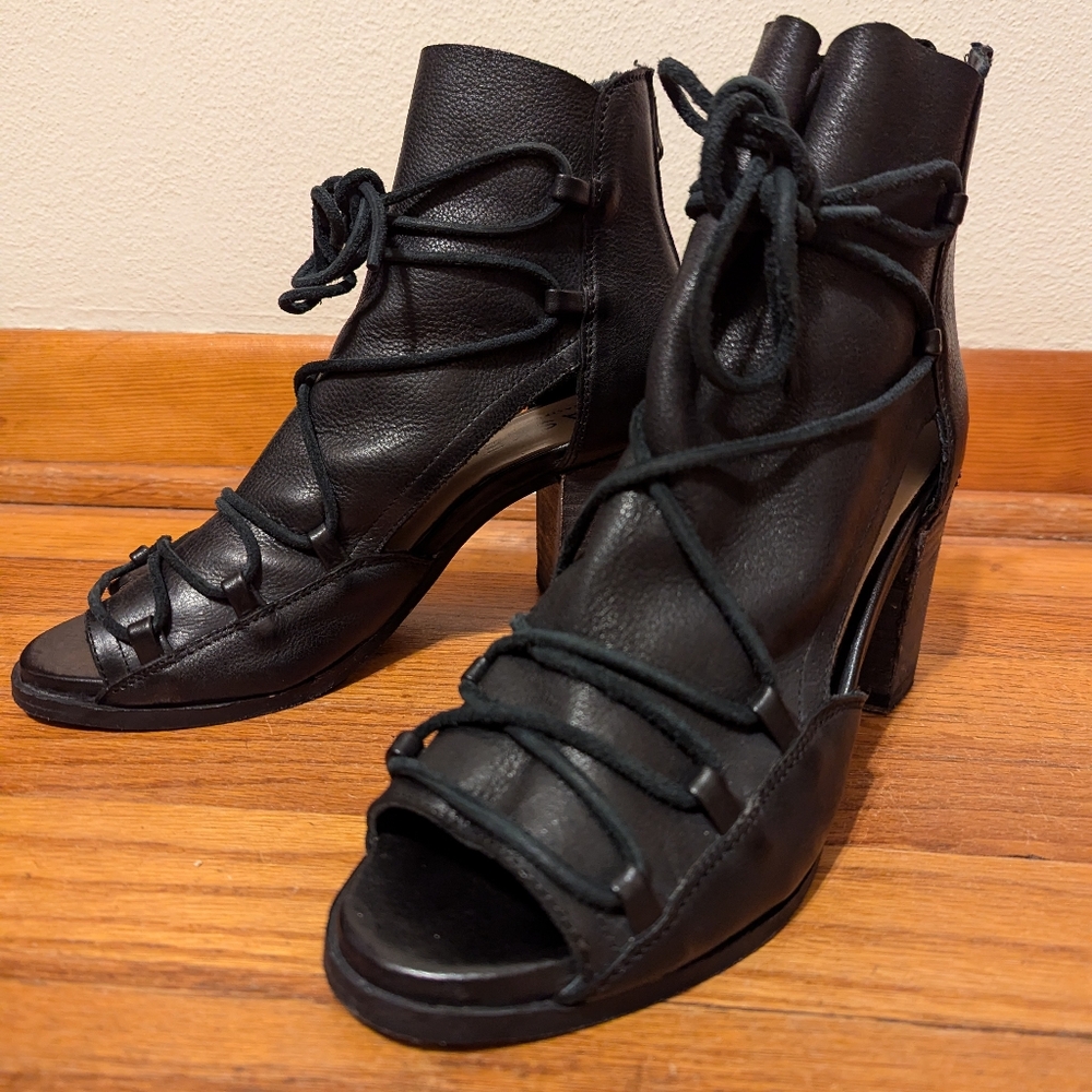 Baske California black leather gladiator caged wrap open toe ankle boots